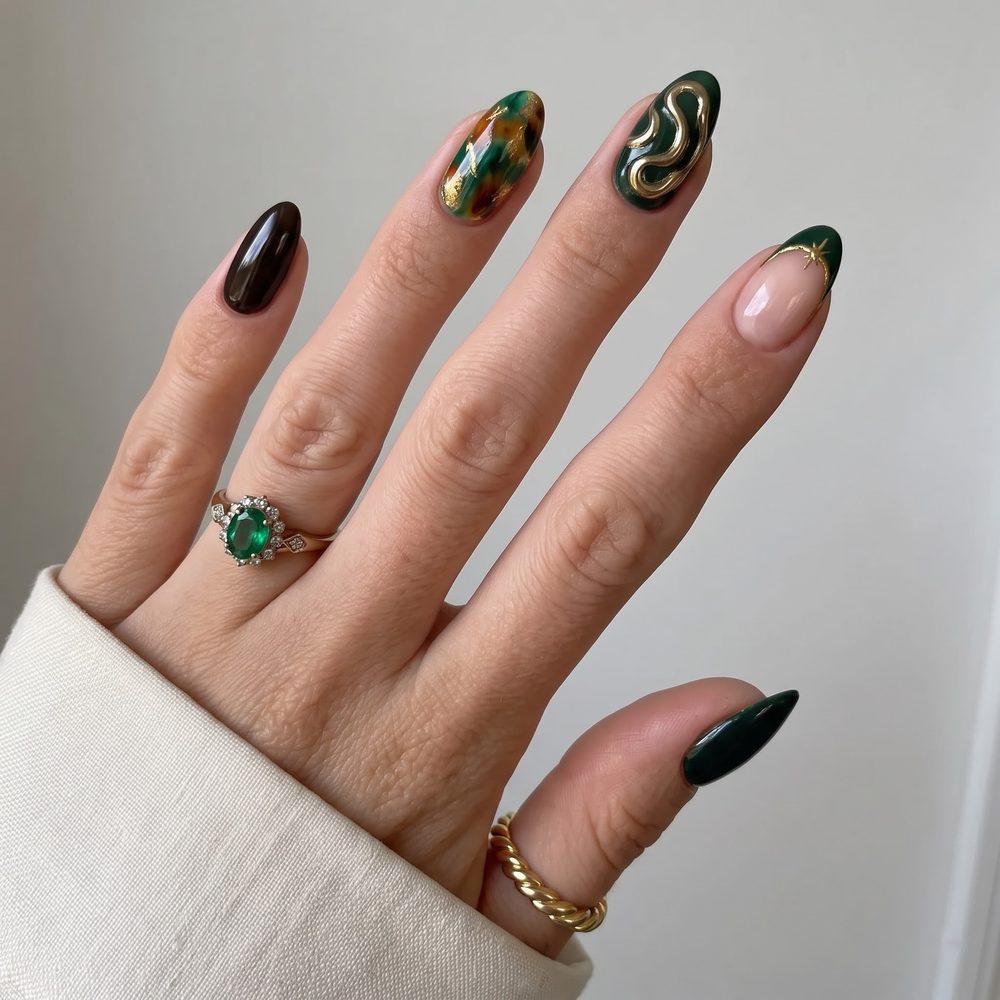 Emerald green and chocolate brown nails with gold swirl, tortoiseshell and star French tip