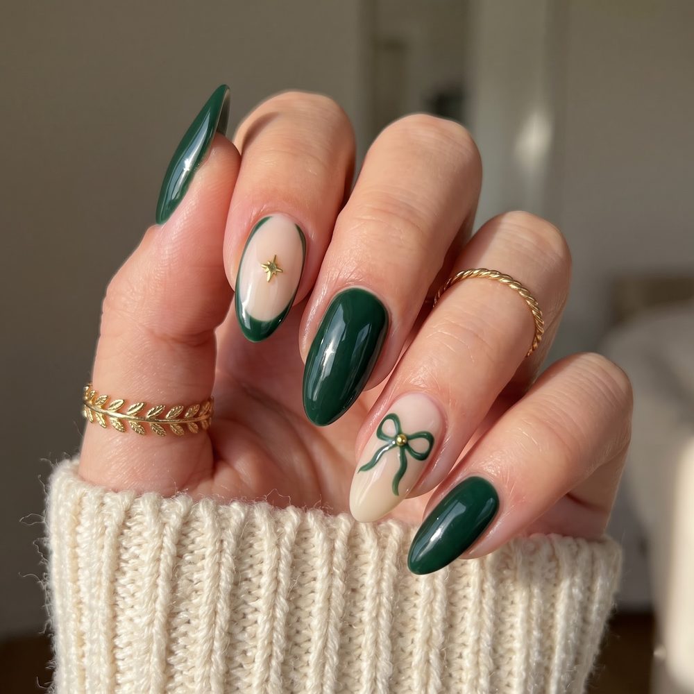 Dark emerald green almond nails with a green ribbon bow and gold star charm