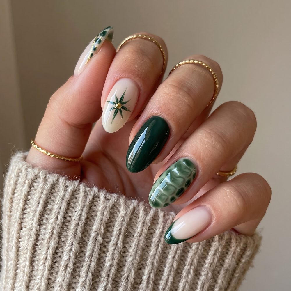 Green almond nails with embossed croc texture and a botanical gold star on nude