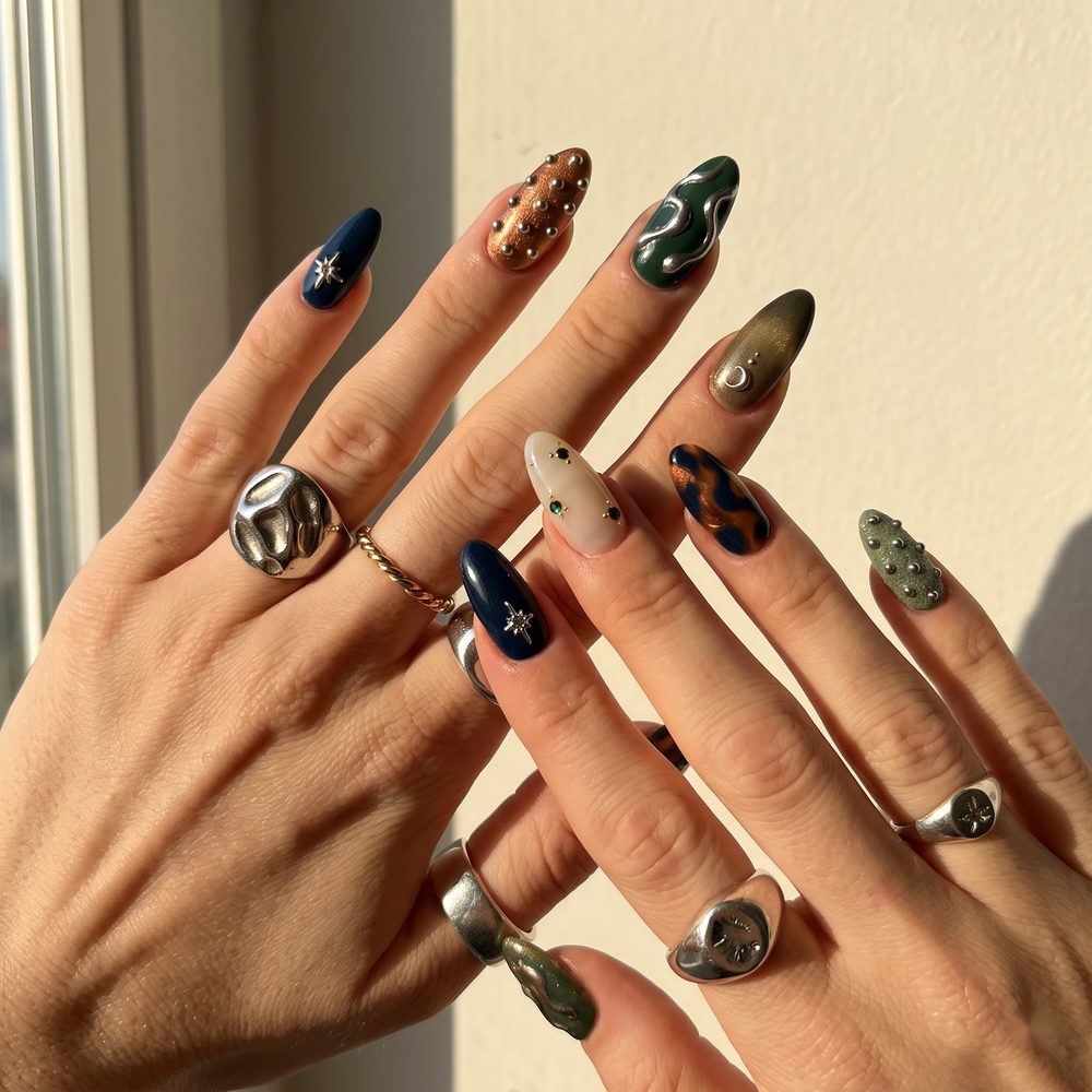 Navy, green and copper almond nails with silver studs, star charms and a tortoiseshell accent