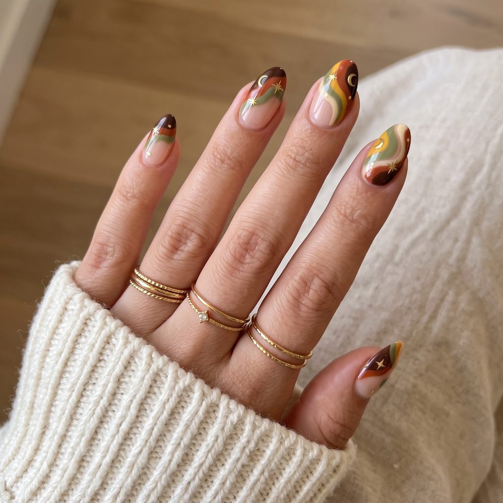 Retro swirl almond nails in brown, sage, mustard and rust with gold moon and star charms