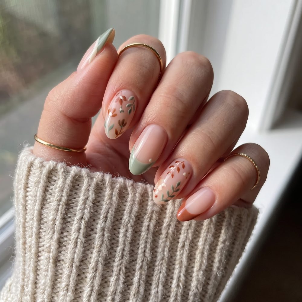 Sage green and terracotta hand-painted floral almond nails with French tips