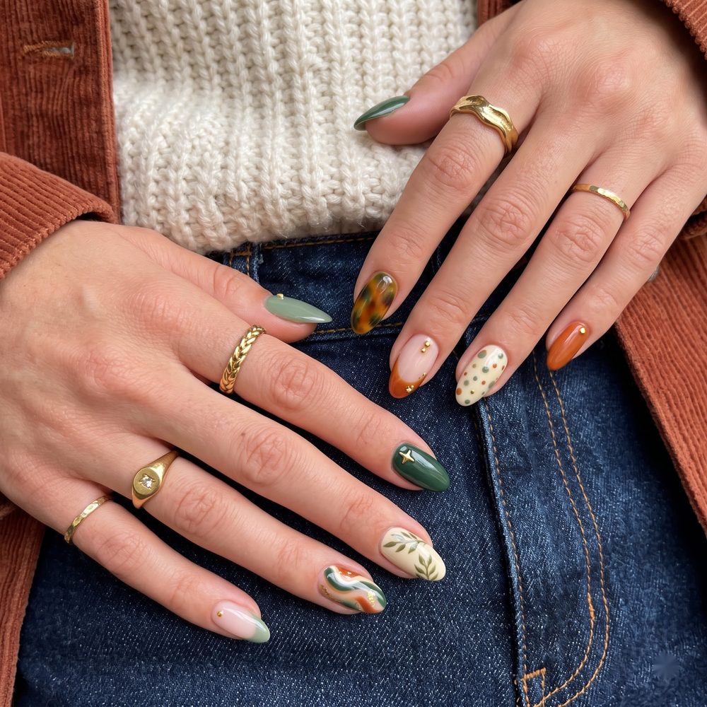 Mixed print almond nails in forest green, sage, rust and cream with polka dots and leaves