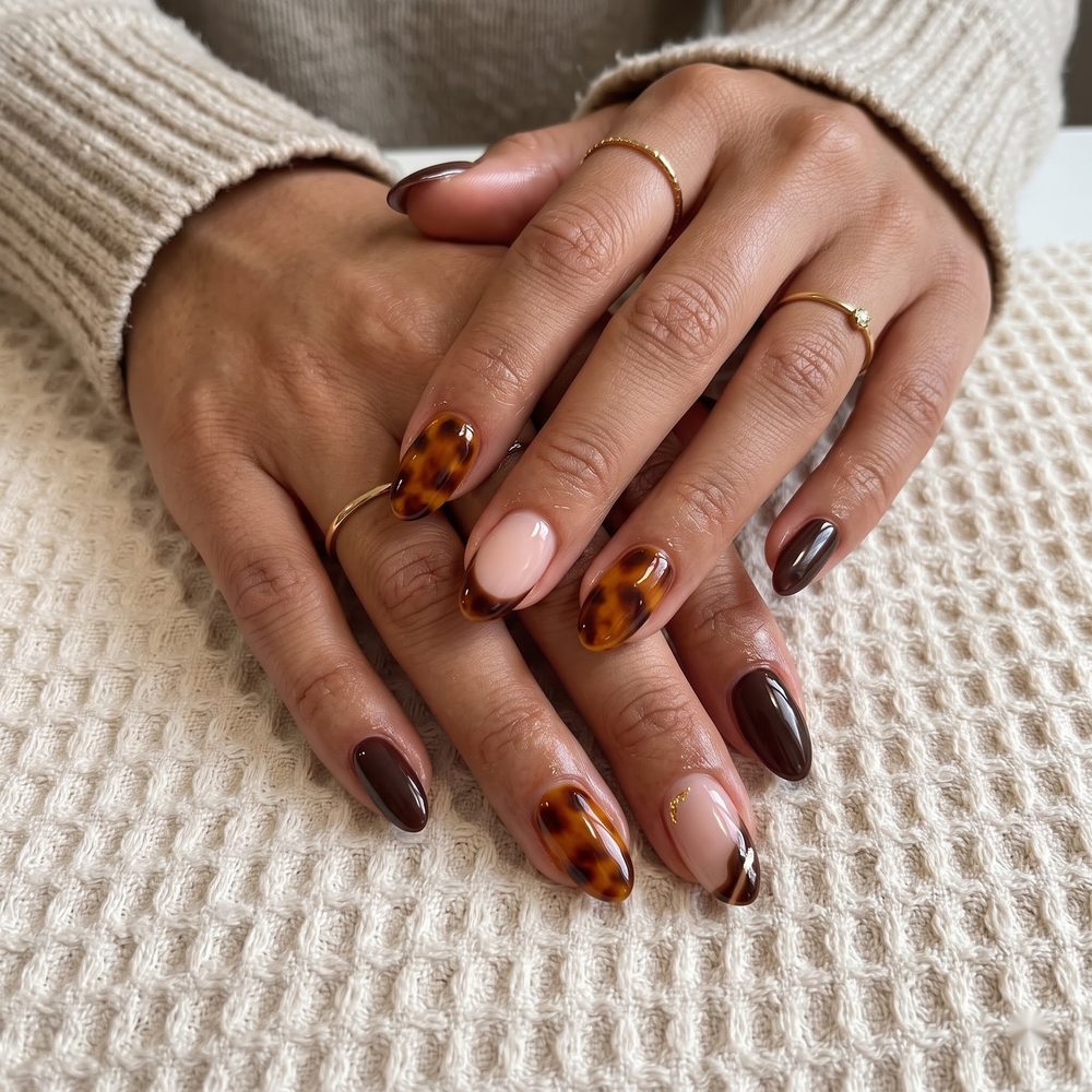 Tortoiseshell and chocolate brown almond nails with gold foil accents