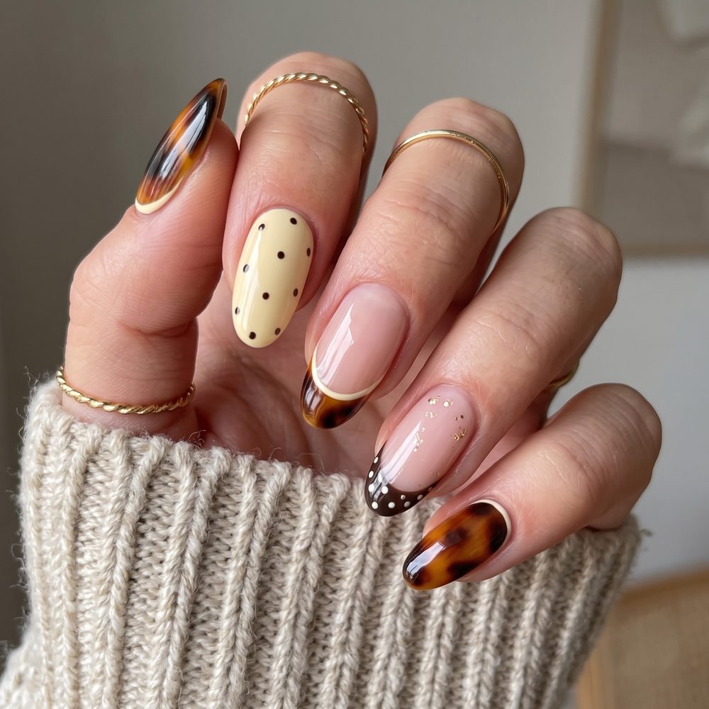 Tortoiseshell and cream polka dot almond nails with brown French tips and gold flakes