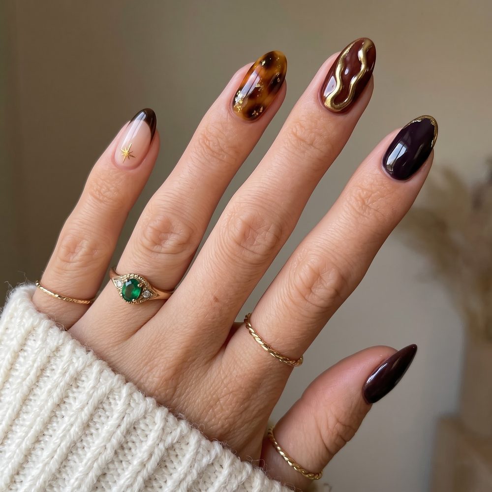 Brown tortoiseshell nails with gold leaf and a wavy gold swirl accent nail
