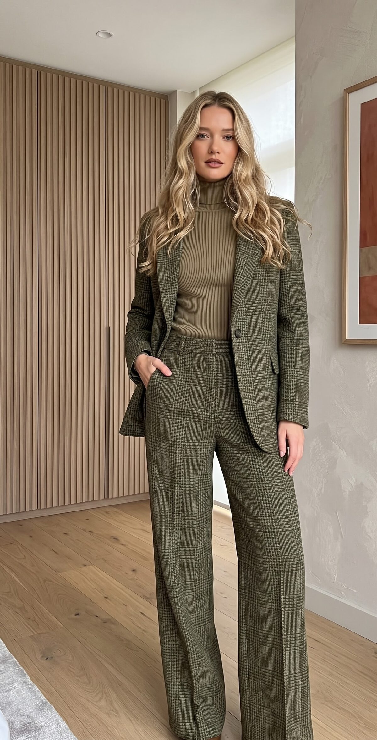 Olive green checked blazer and matching trouser suit with ribbed turtleneck