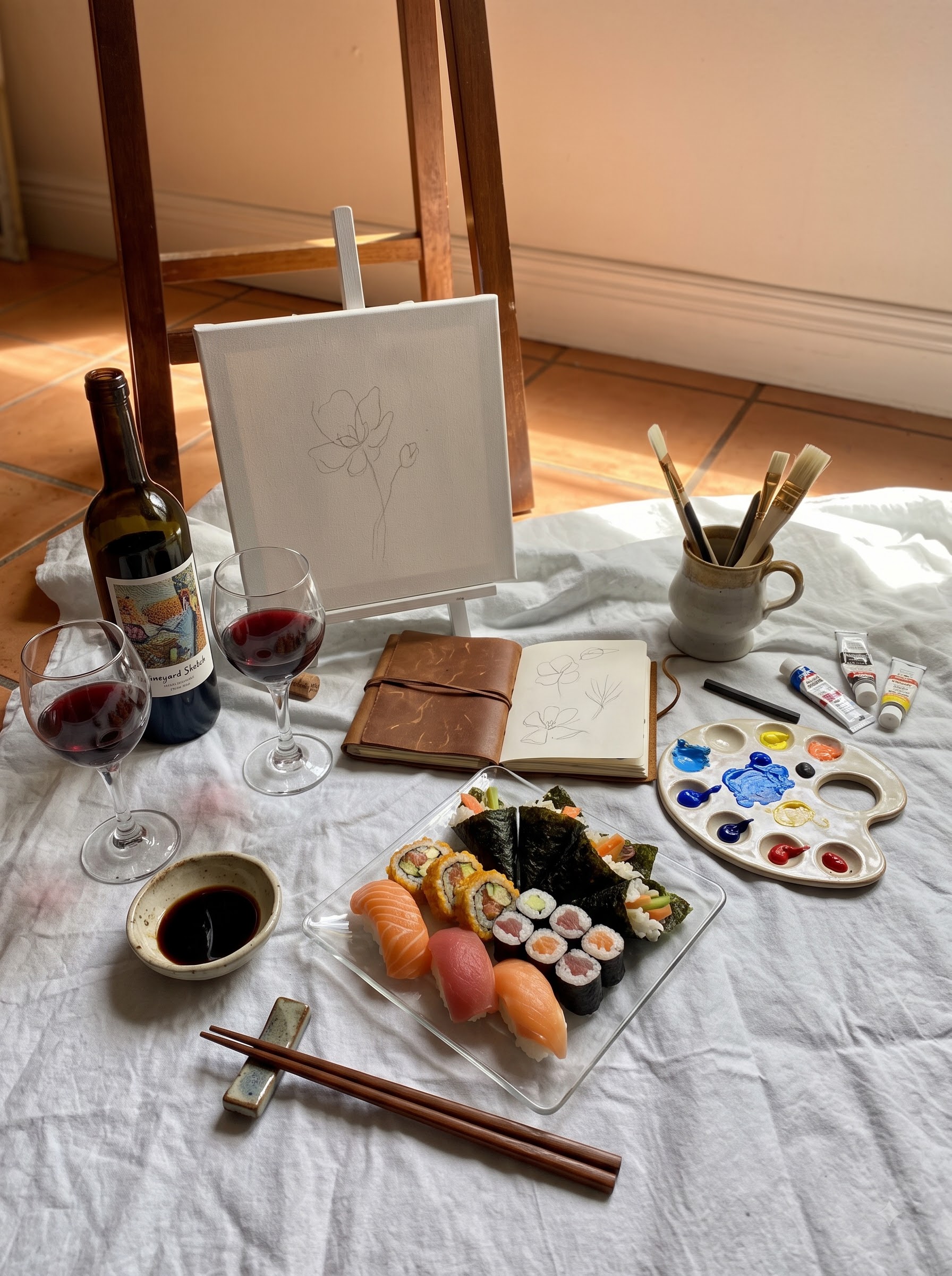 Painting supplies, wine glasses, and a sushi platter set up together for an at-home paint and sip date