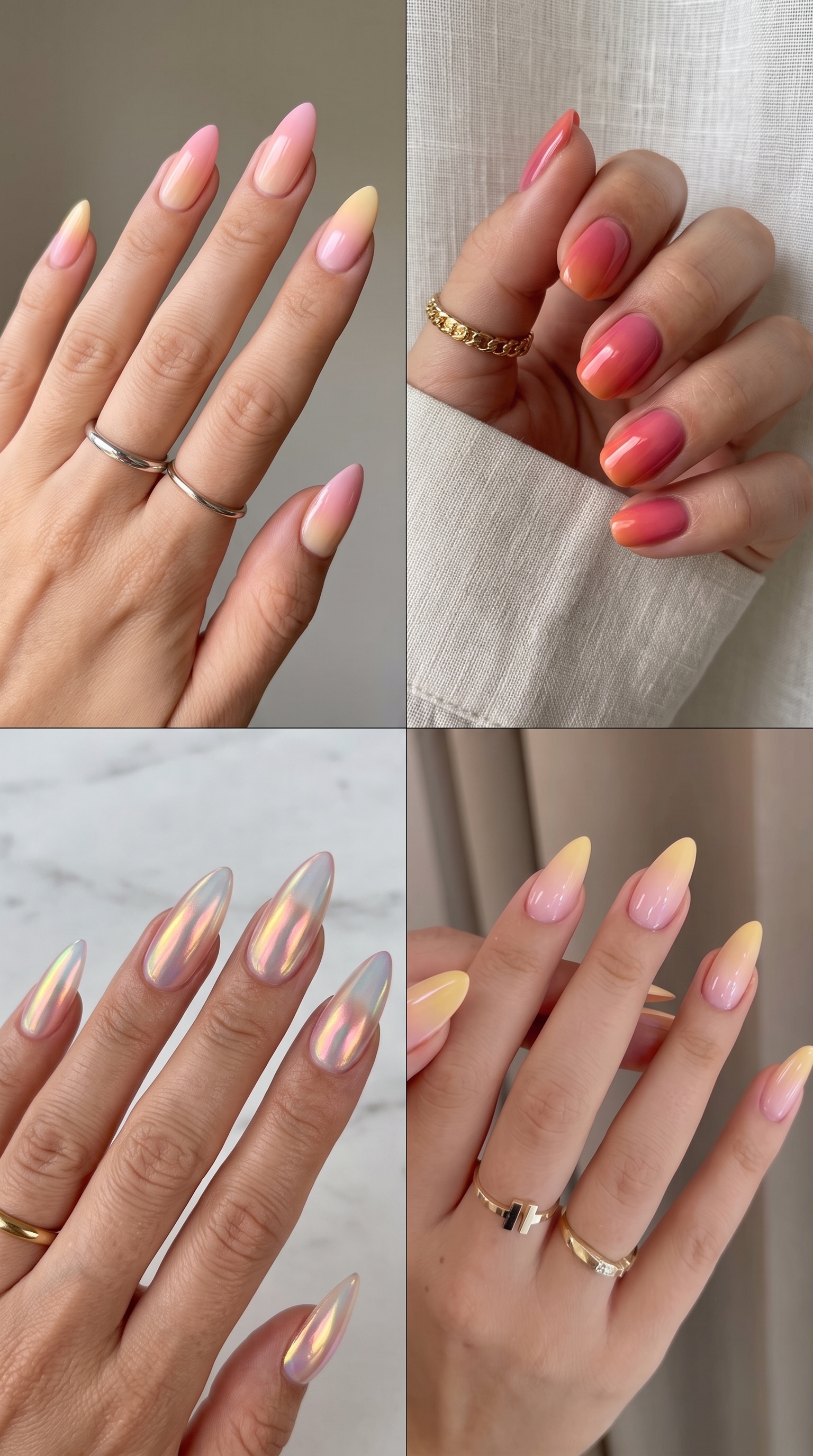 Pastel ombre and holographic chrome summer nail ideas collage pink coral peach yellow