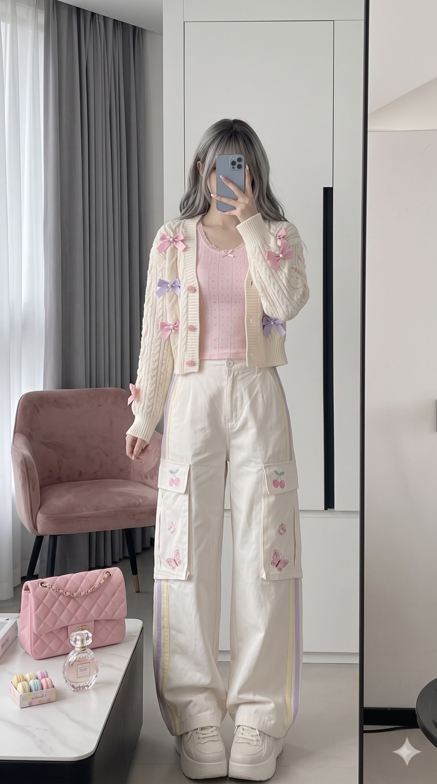 Cream bow cardigan pink cami pink cute outfits
