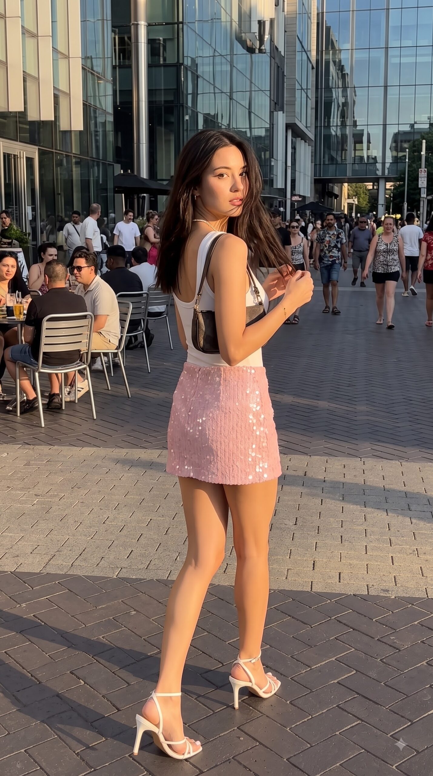 Pink sequin skirt white tank pink cute outfits