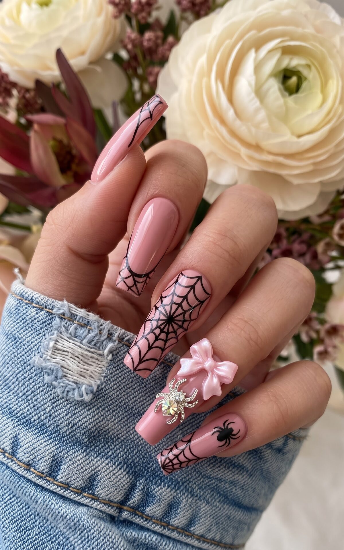 Pink coffin nails with black spiderweb art, a 3D pink bow and a rhinestone spider charm