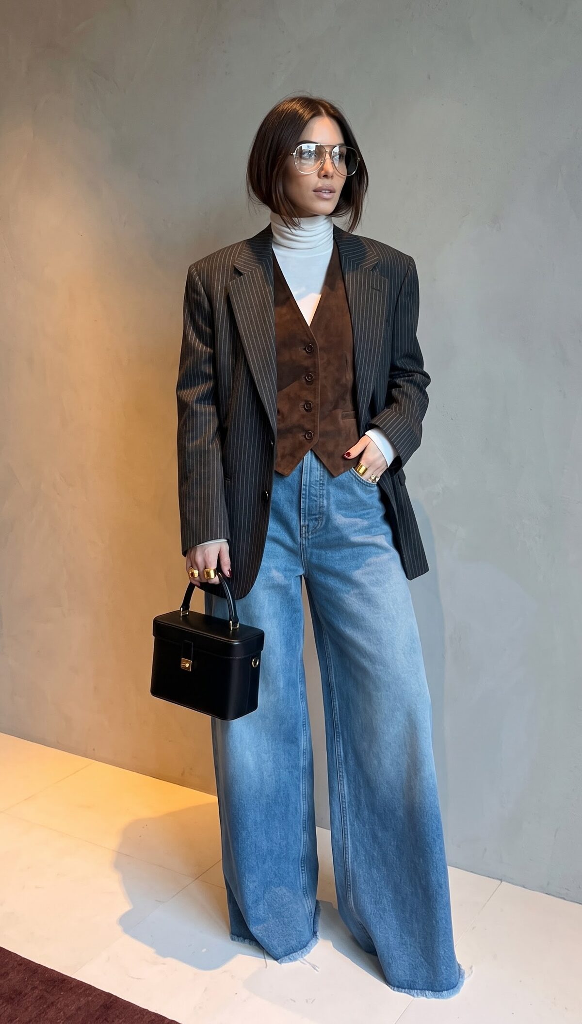 Pinstripe blazer layered over brown suede vest with white turtleneck and wide leg jeans