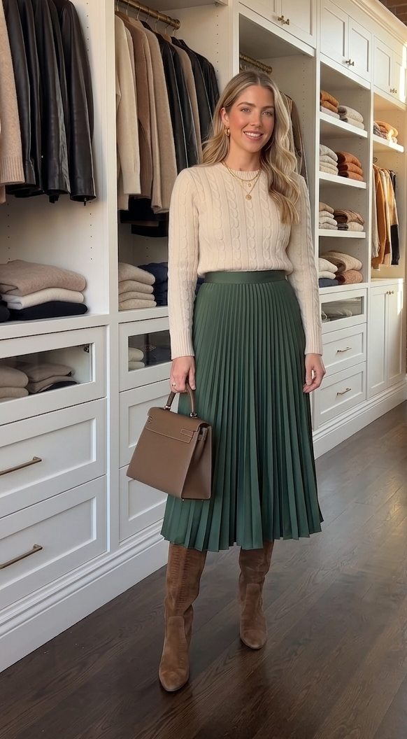 Forest green pleated midi skirt styled with a cream cable knit sweater and knee-high boots in a closet mirror selfie