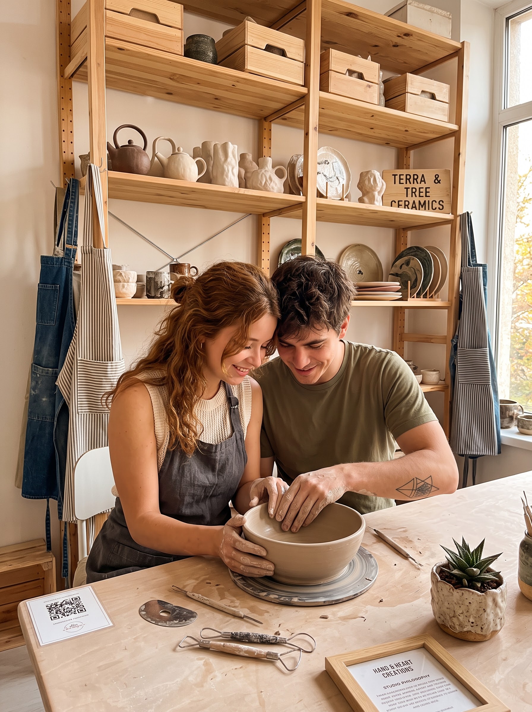 Couple shaping a clay bowl together on a pottery wheel in a cozy studio