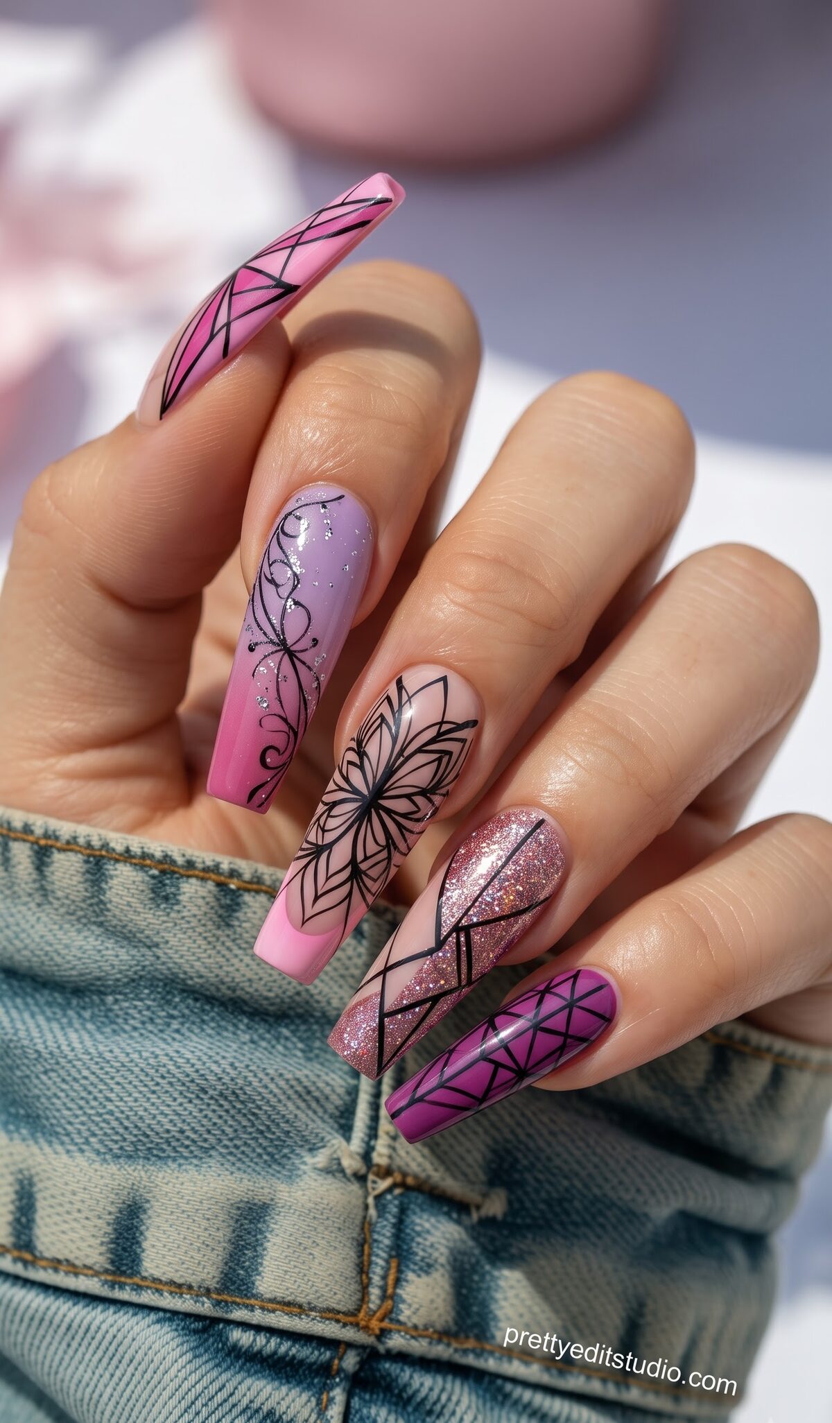 Pink and purple ombre glitter nails with mandala flower art and geometric line work