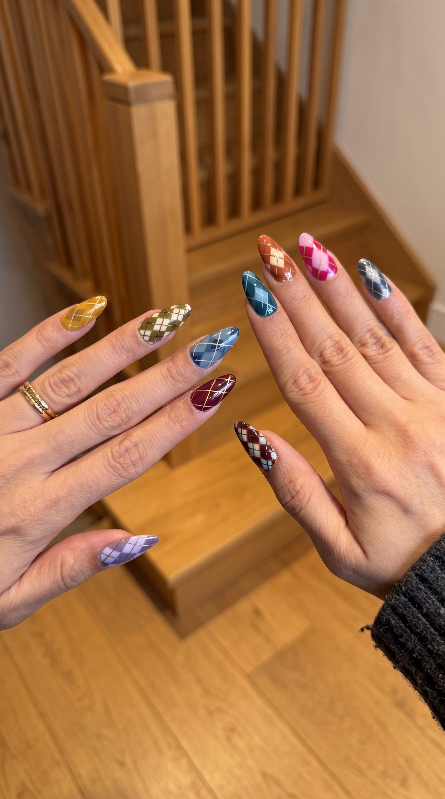 Rainbow argyle nails every finger different colour diamond pattern summer nail art