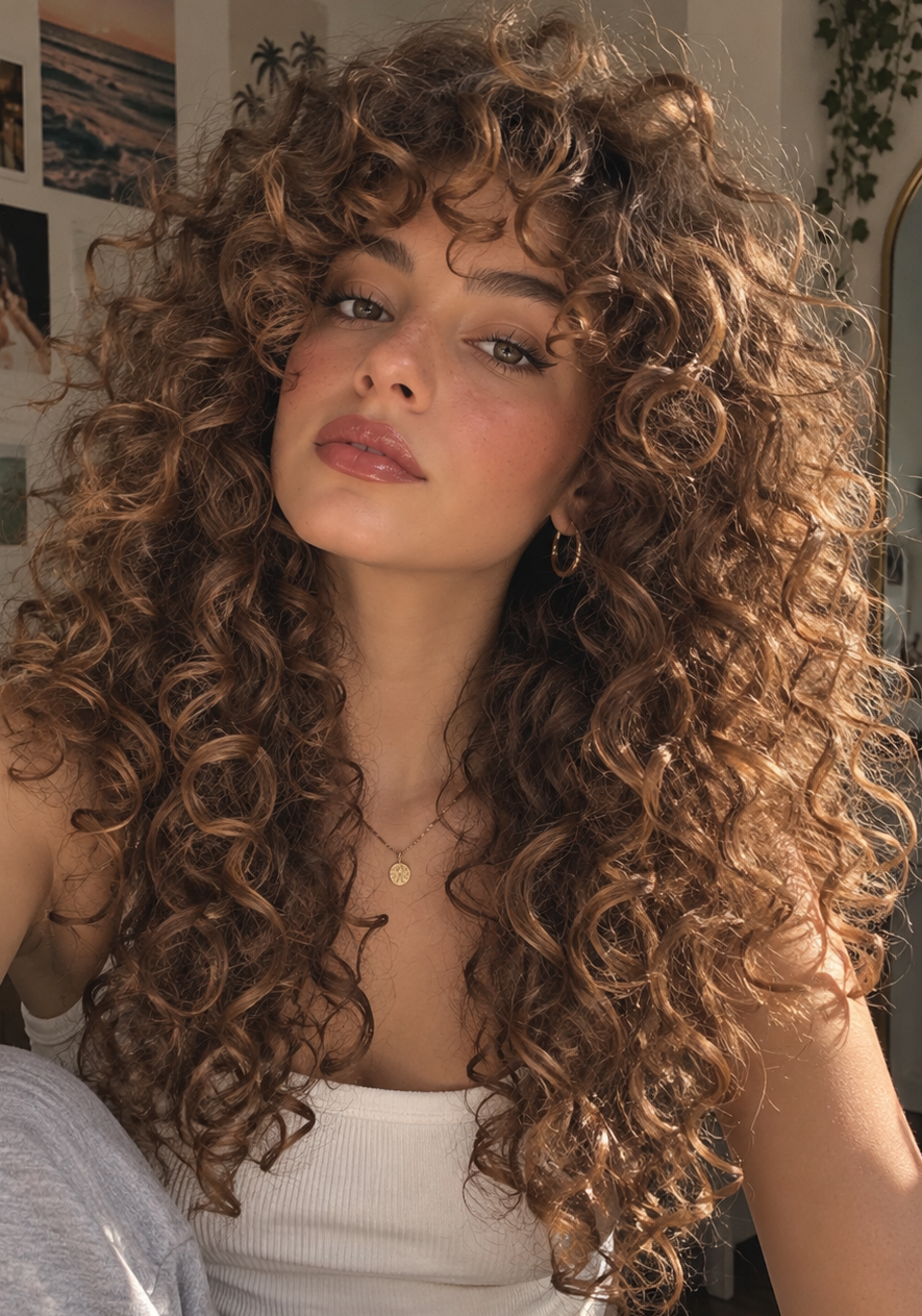 Voluminous golden blonde curly hair styled in a retro 1990s inspired look