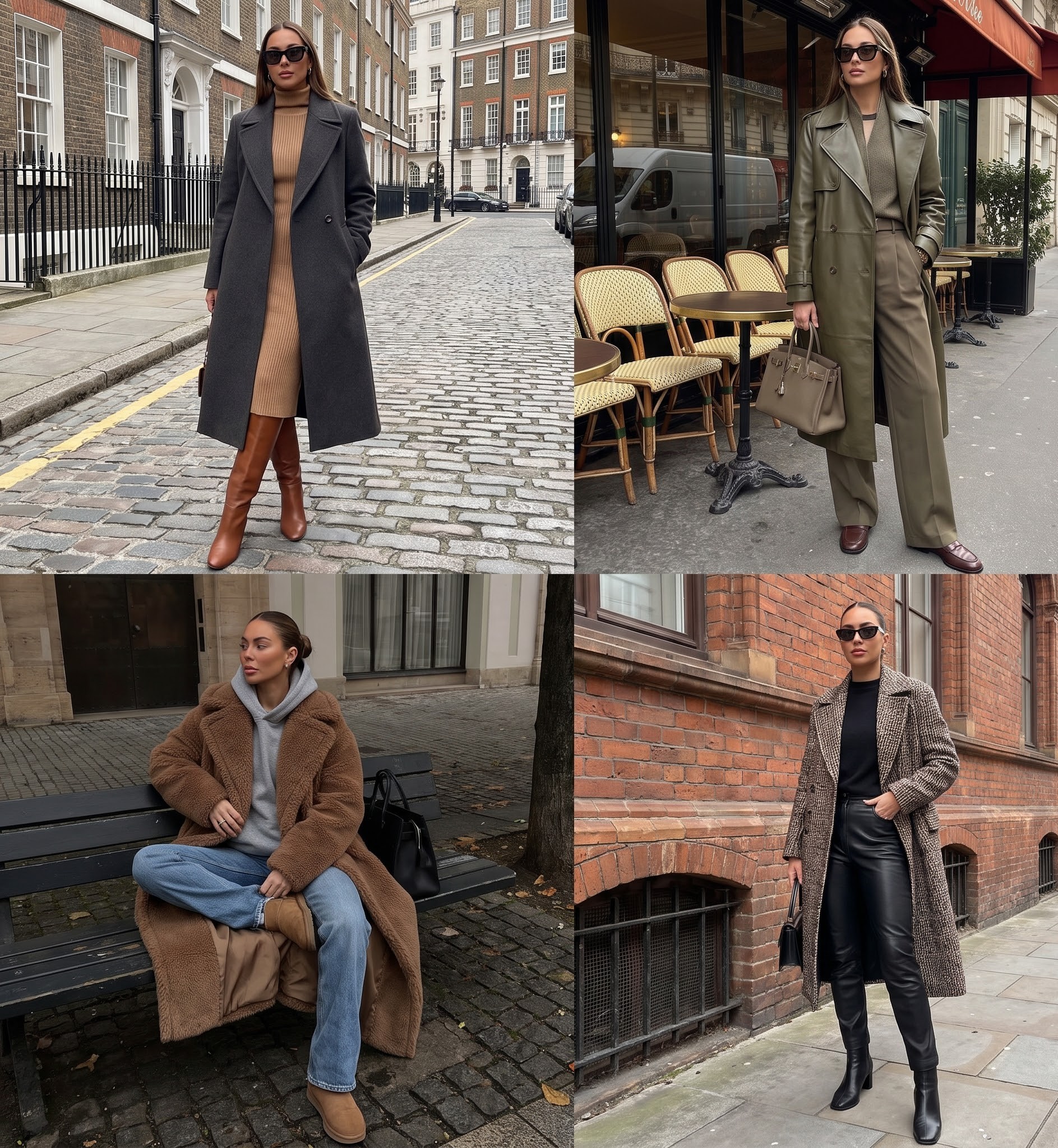Brown shearling-lined leather jacket styled with corduroy trousers, Paris street style collage