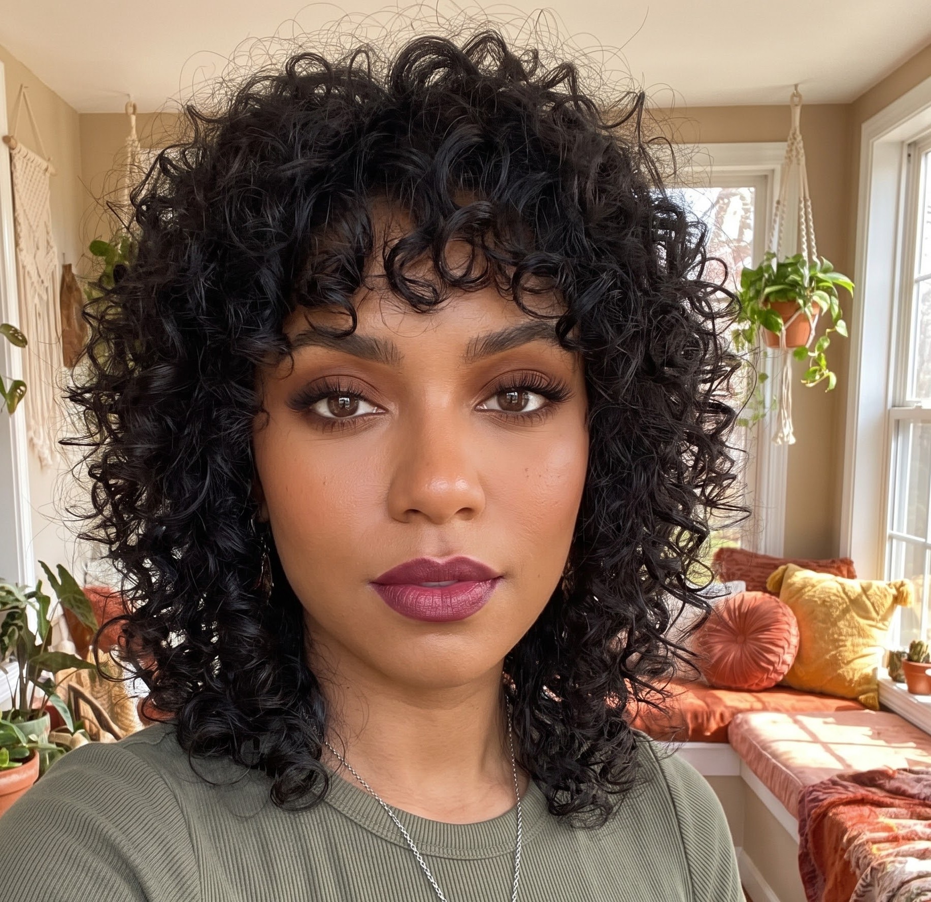 Shoulder length dark curly hair styled naturally, smiling in a cream sweater