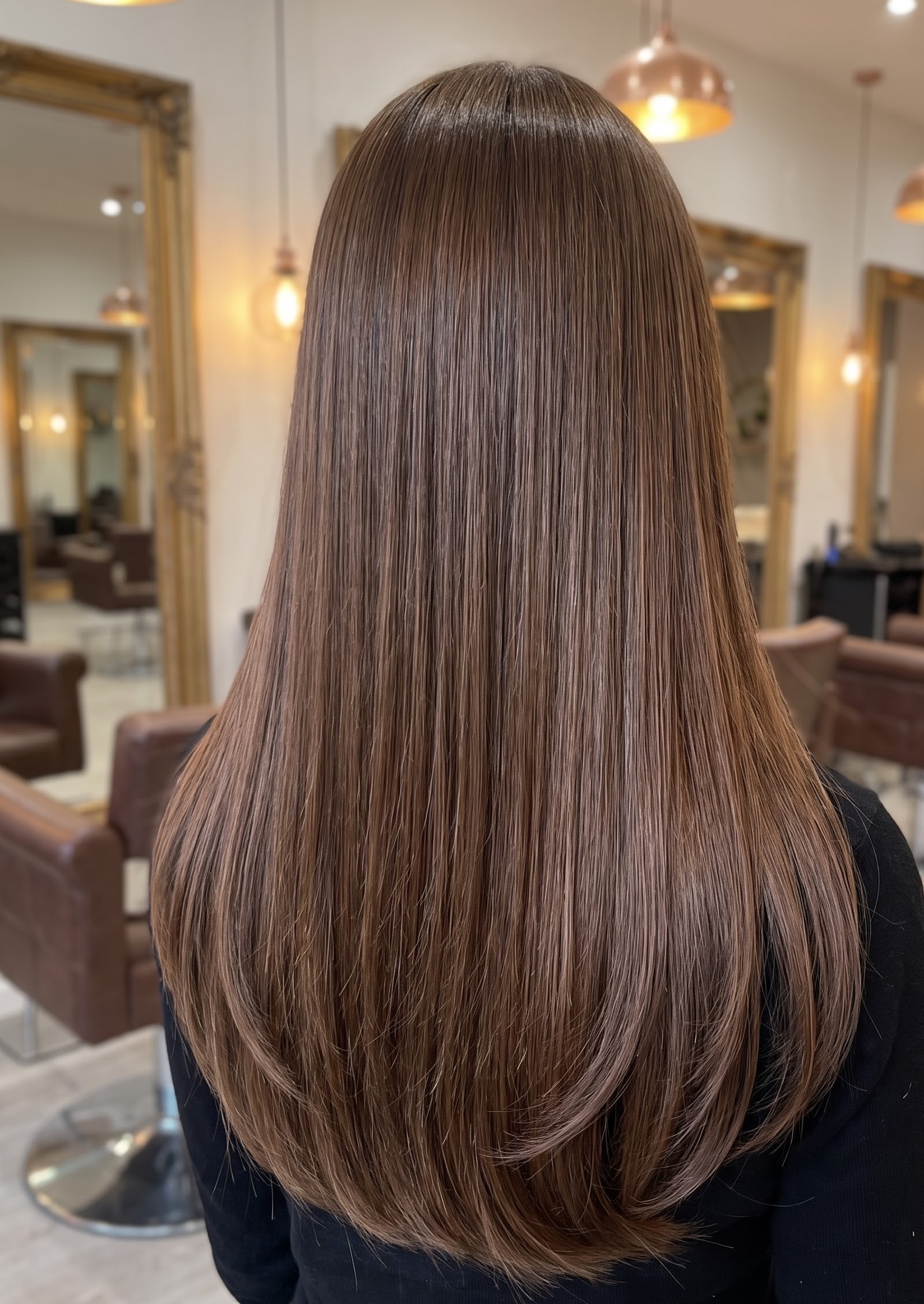 Long sleek chestnut brown hair with a glassy, glossy straight finish