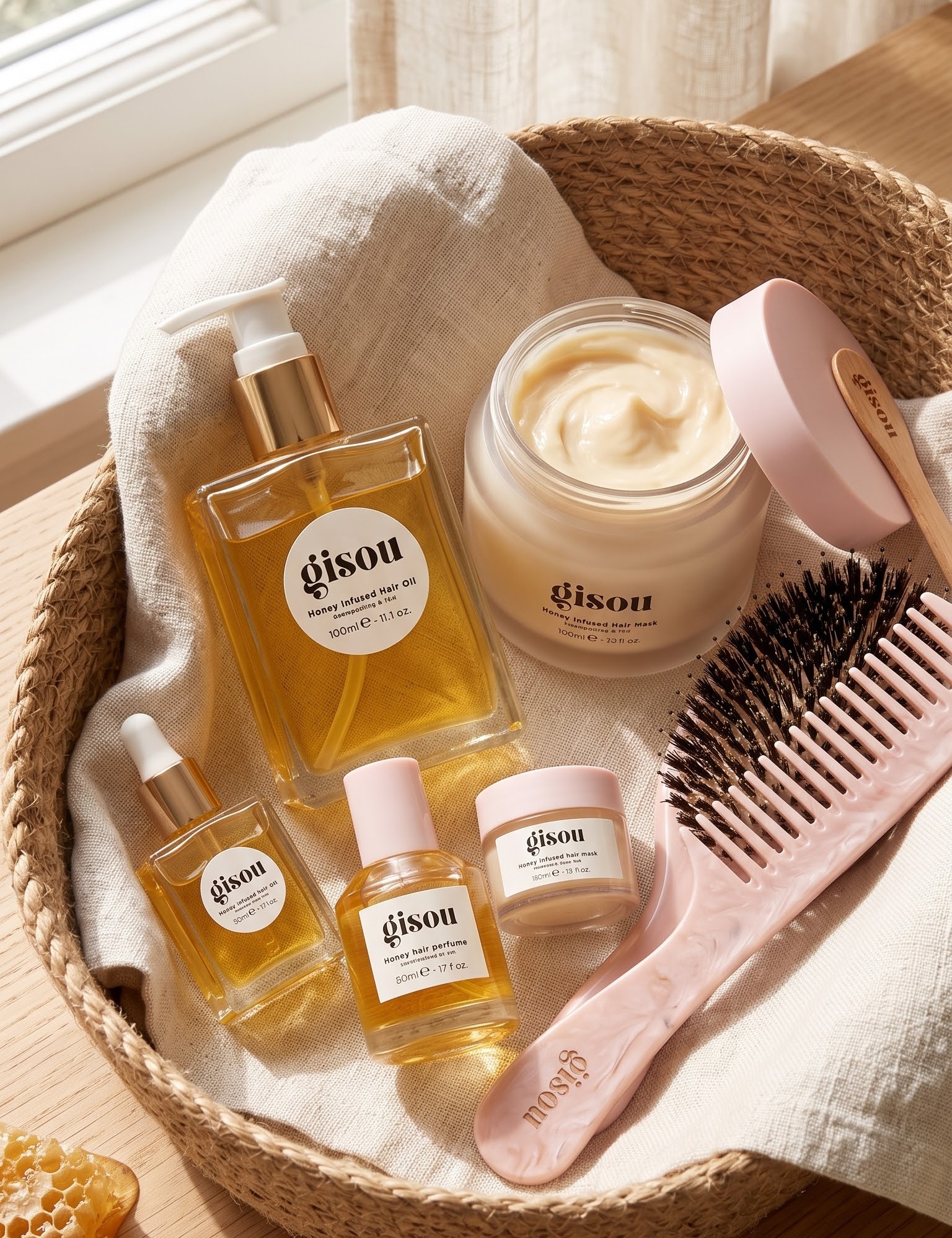 Honey infused hair oil, hair mask, and hair perfume set for keeping hair smelling expensive