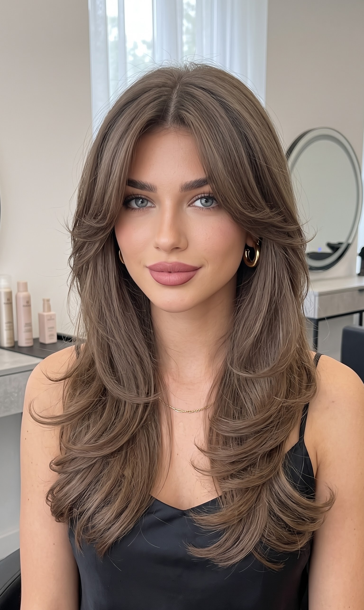 straight curtain bangs fresh from a salon blowout