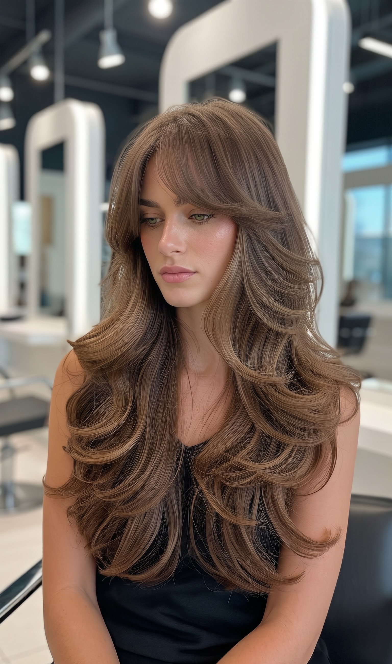 straight hair with curtain bangs looking downward, sleek finish