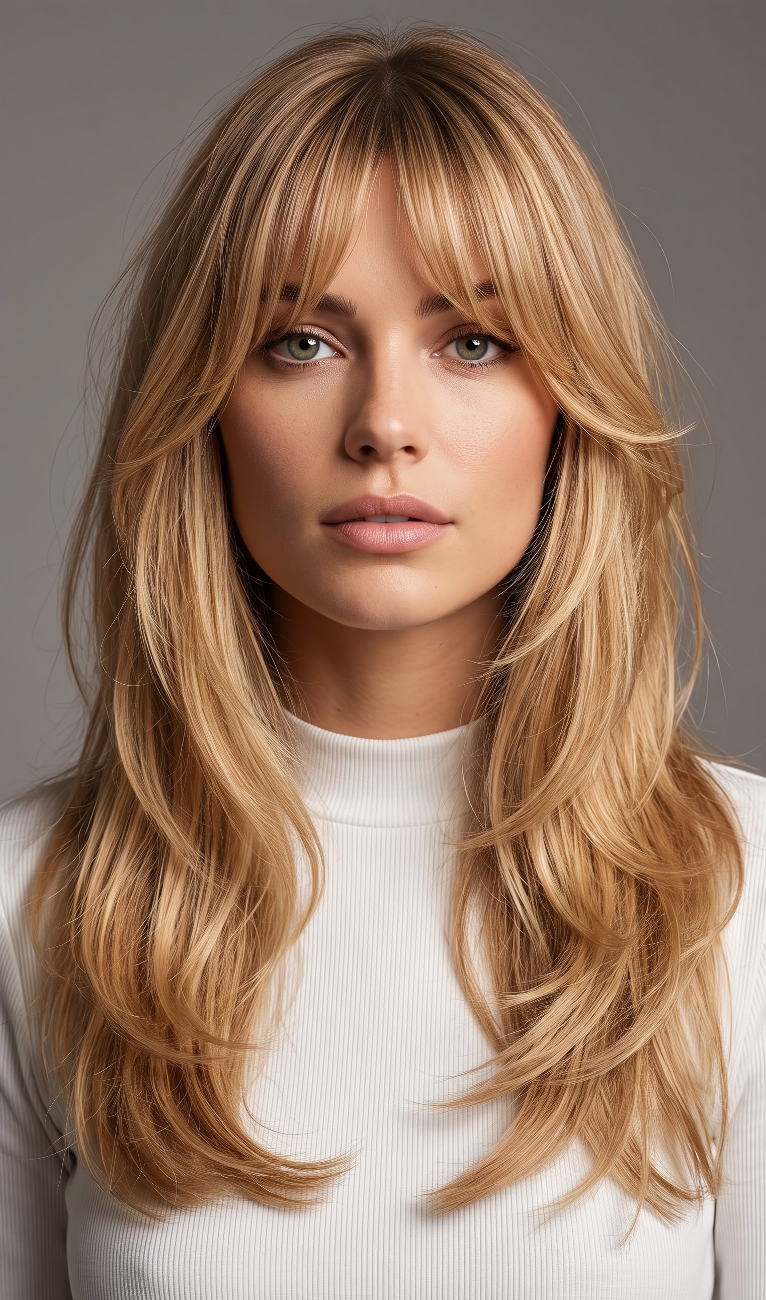 straight hair with curtain bangs in a clean studio portrait