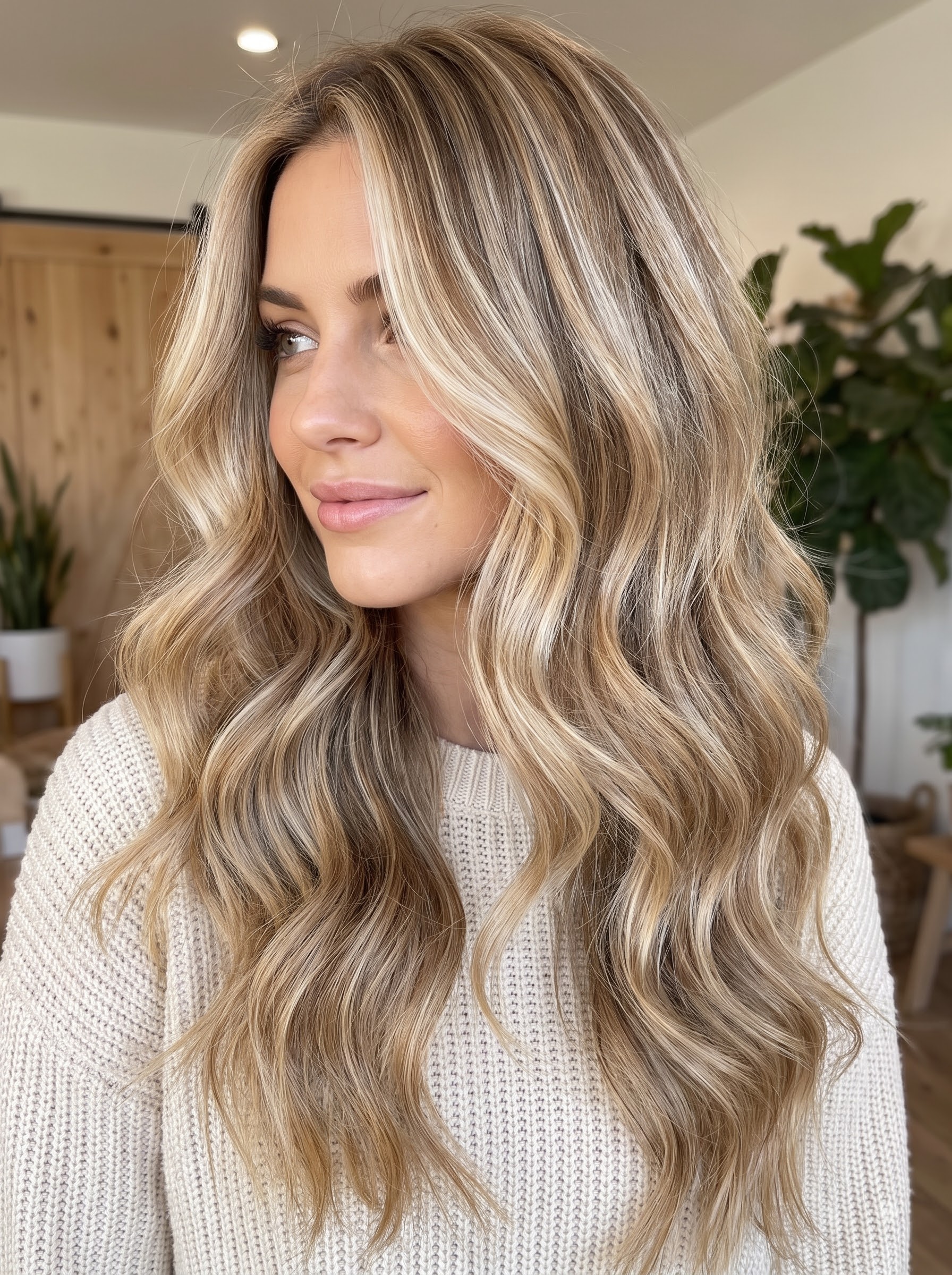 Warm blonde balayage hair with soft face-framing highlights styled in loose waves