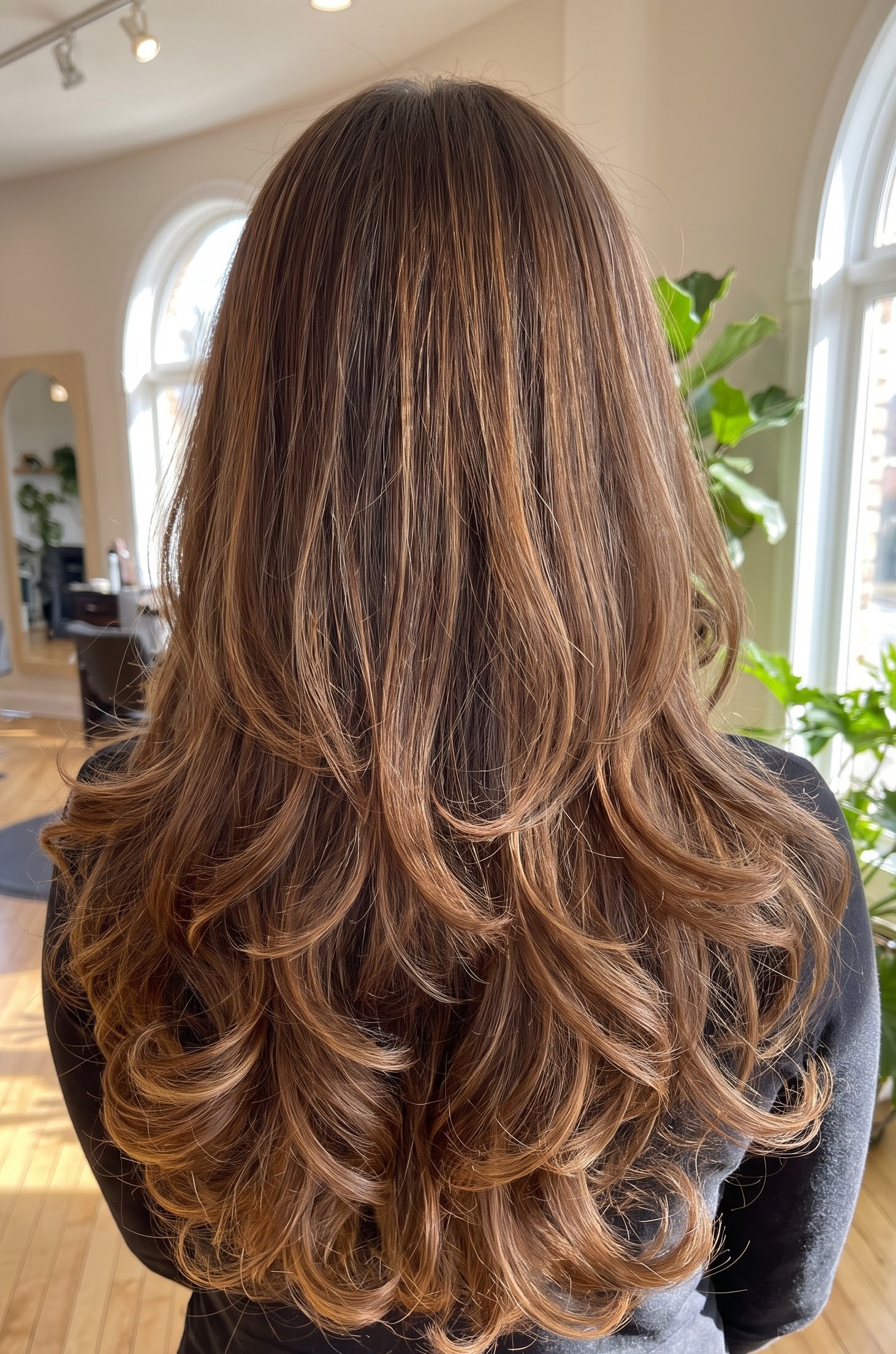 Brunette hair with caramel balayage highlights styled in curled layers near a bright arched window