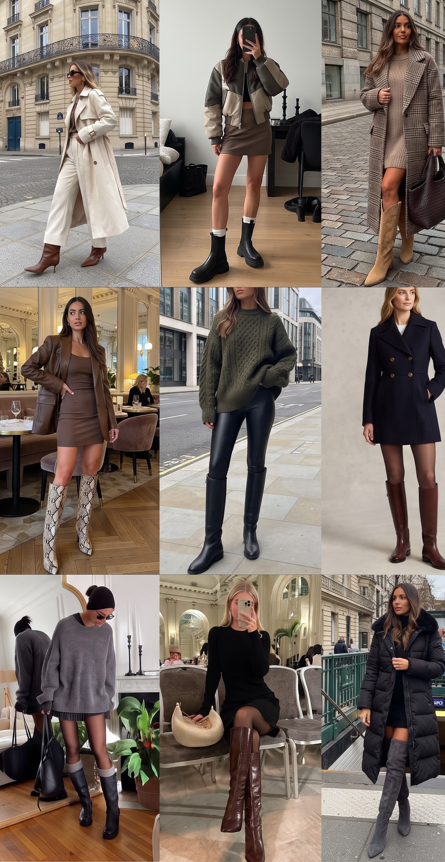 Tall knee-high boots in various colors styled with winter outfits in a collage