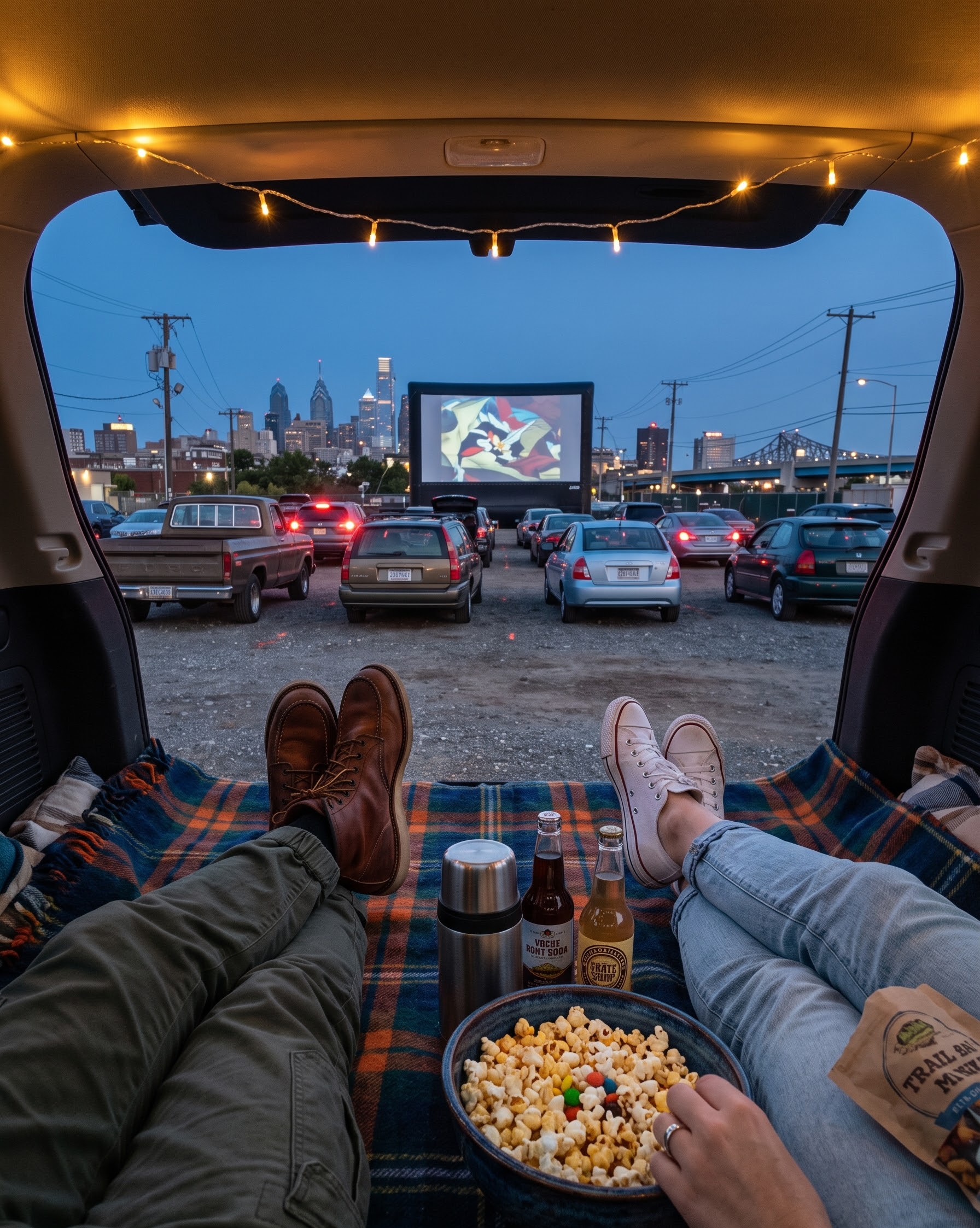 Couple sitting in the trunk of a car with blankets, popcorn, and drinks watching an outdoor movie screen